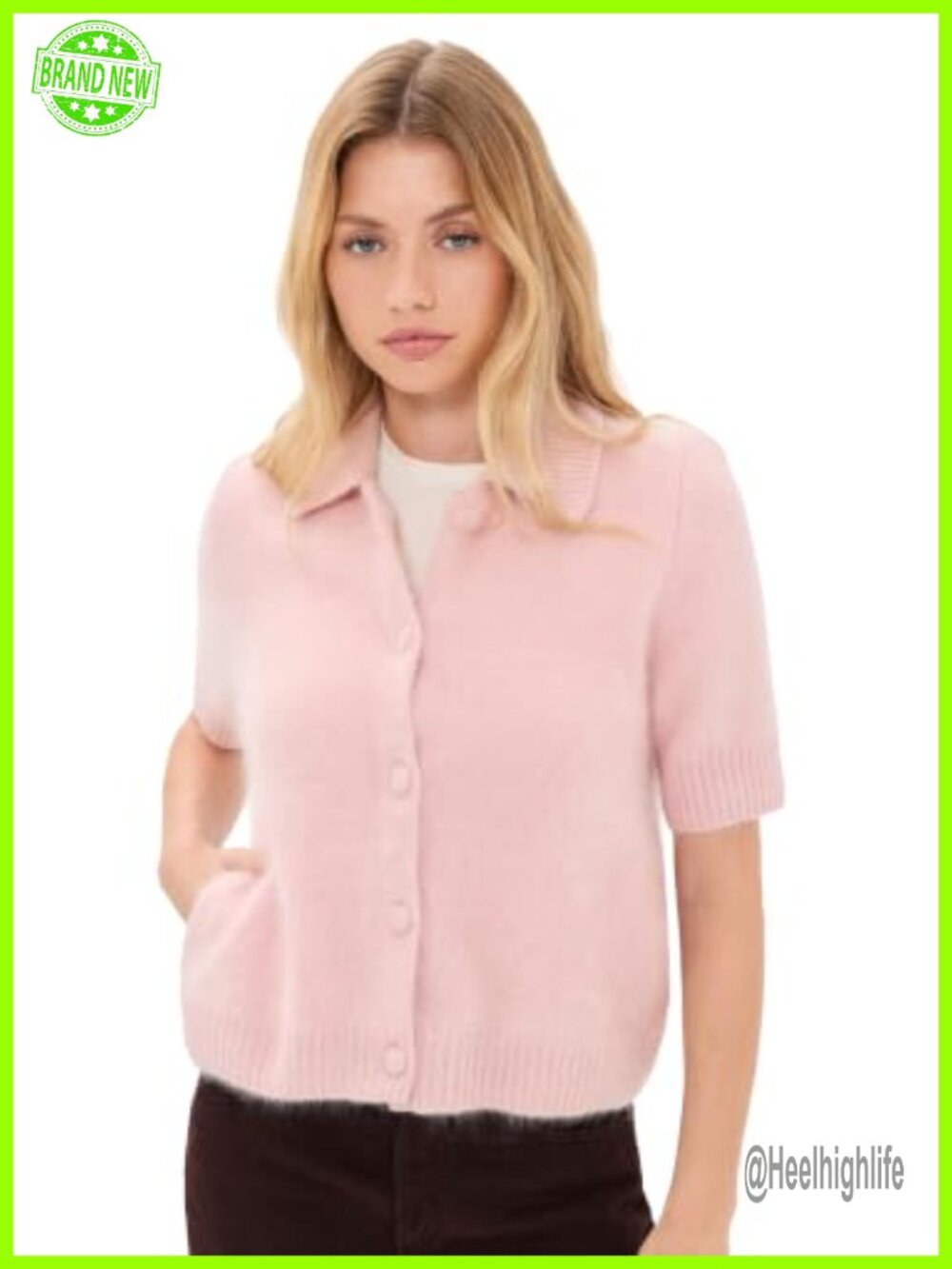Brushed Cashmere Short Sleeve Cardigan Collared Button Front